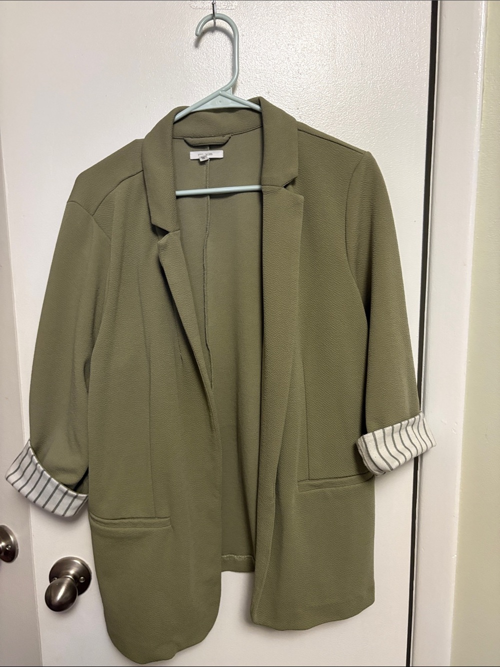 Maurices Olive Green Open-Front Blazer with Striped Cuffs